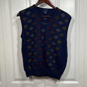 Jeff Rose Sweater Vest Mens L Wool Navy Diamond Pattern Grandpa Y2K Preppy